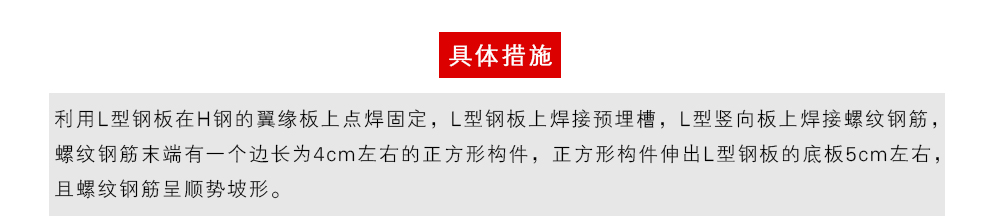 具体措施为：利用L型钢板在H钢的翼缘板上点焊固定，L型钢板上焊接预埋槽，L型竖向板上焊接螺纹钢筋，螺纹钢筋末端有一个边长为4cm左右的正方形构件，正方形构件伸出L型钢板的底板5cm左右，且螺纹钢筋呈顺势坡形。